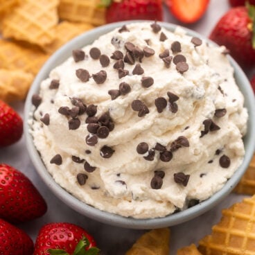 a close up shot of cannoli dip in a grey bowl with chocolate chips on top.