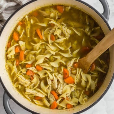 overhead image of chicken noodle soup in dutch oven