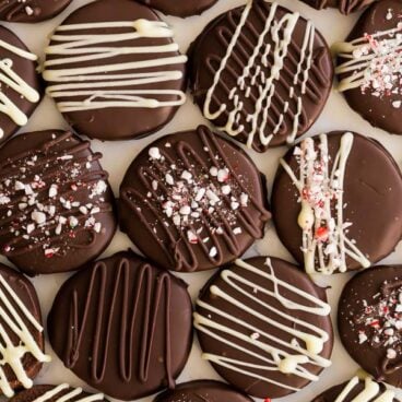 overhead close up image of chocolate dipped icebox cookies