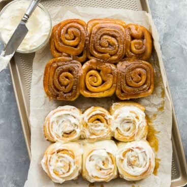 cinnamon buns frosted unfrosted overhead