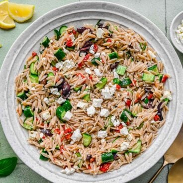 Top view of Greek Pasta Salad in a pasta bowl.