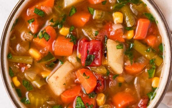 close up image of instant pot vegetable soup in a bowl