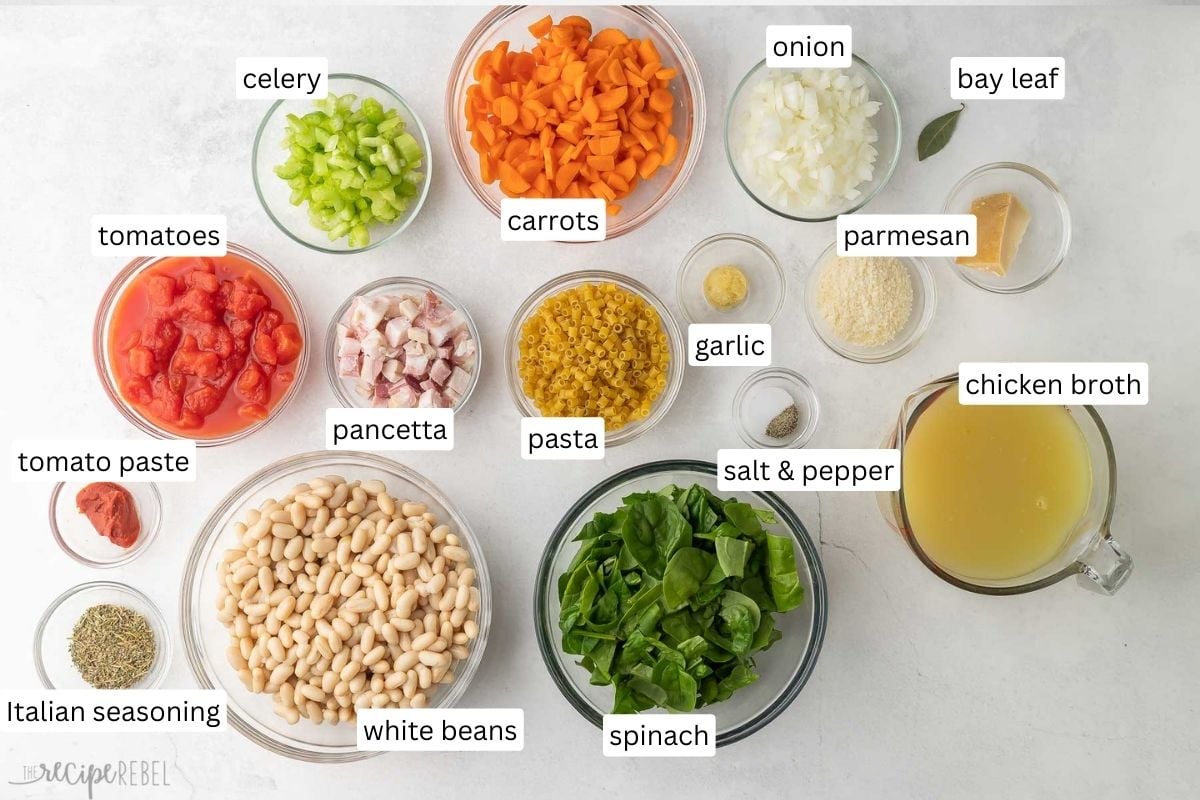 ingredients needed for pasta fagioli in glass bowls on grey surface.