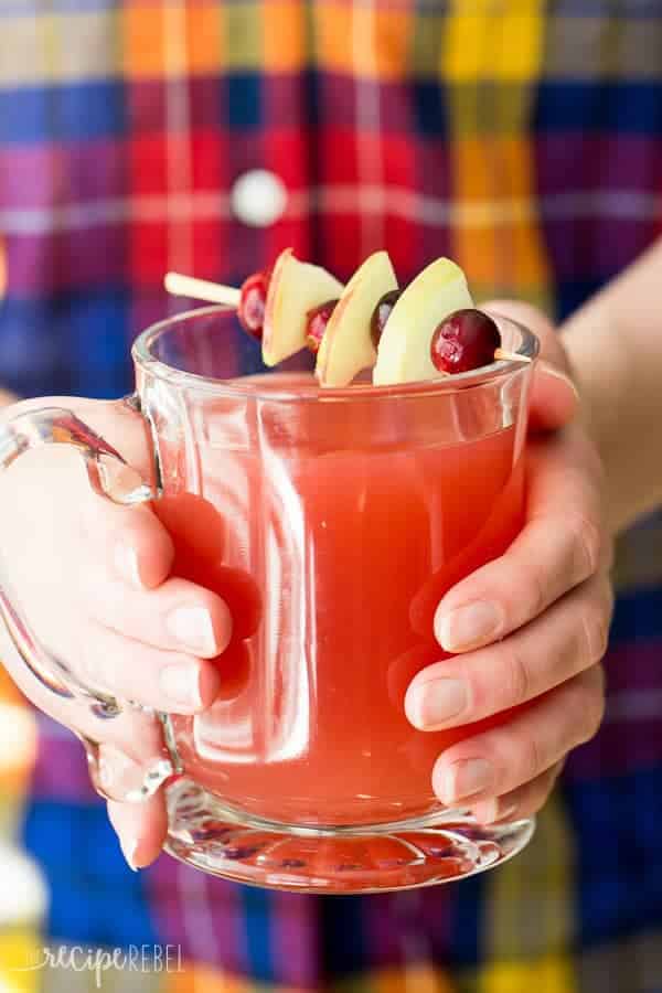 mug of cranberry apple cider in hands with toothpick across holding apples and cranberries