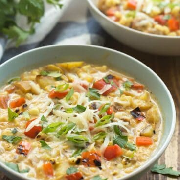 This Southwestern Potato and Corn Chowder is simple to make with leftover grilled vegetables, or start with fresh from scratch! It's loaded with potatoes, corn, peppers, and tons of Southwest flavor!