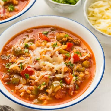 stuffed pepper soup in white bowl